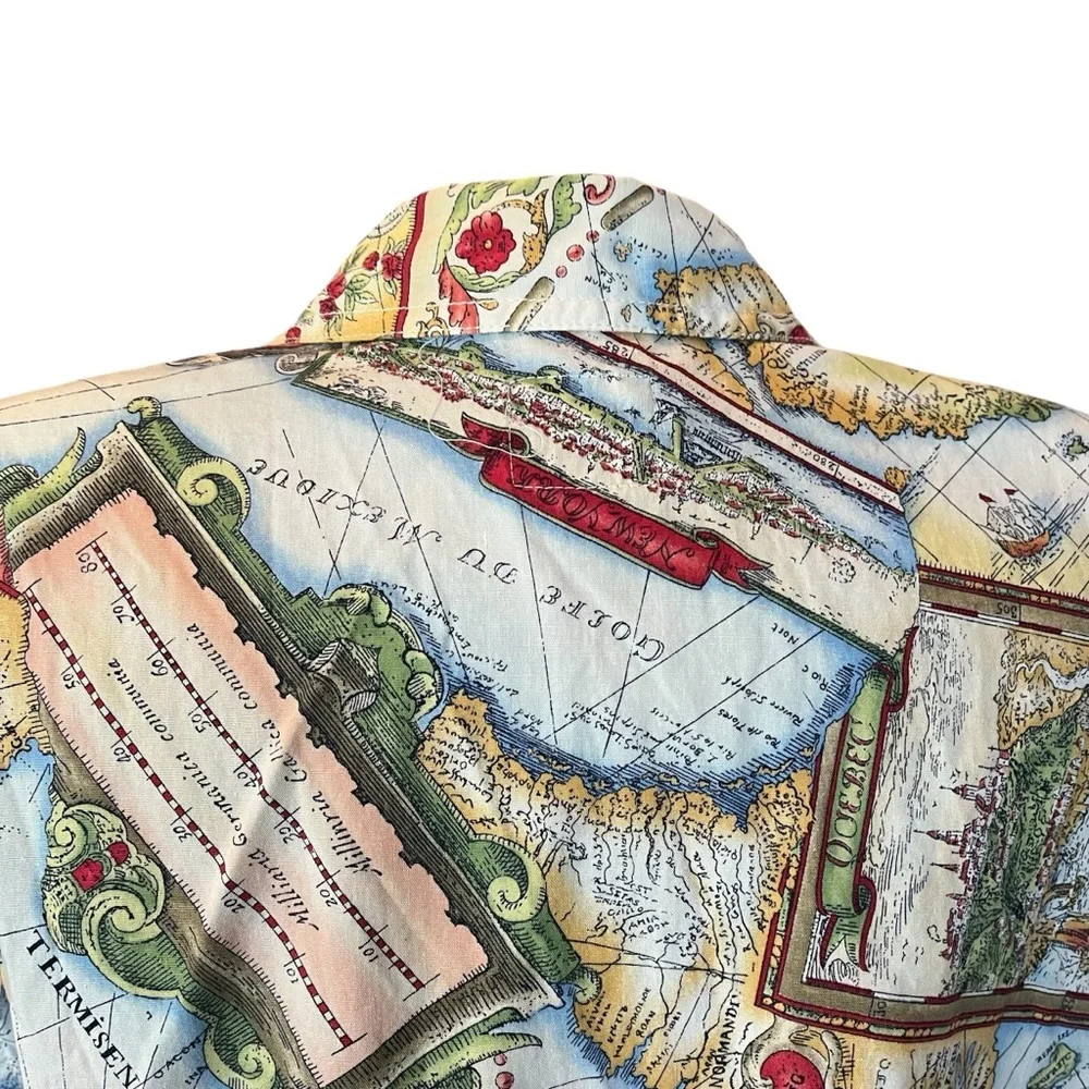 Vintage map print button up shirt short sleeve SP - Picture 10 of 13